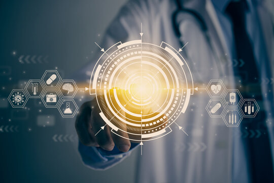 Doctor Hand and Finger Touch Screen Yellow World and Globe or Earth Hud and Medical Equipment Icon. Medical Technology,Innovation,Science and Healthcare Concept in Vintage Tone