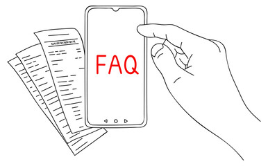 FAQ. Message on smartphone display. Help for business and entertainment. Modern problems and solutions. Sketch in minimalist style. Editable hand drawn contour. Vector