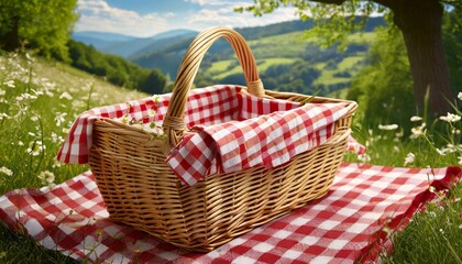 Fototapeta na wymiar wicker picnic basket with gingham cloth