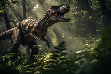 close-up of dinosaur T-Rex hunting in tense forest 