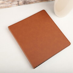 Personalized binding, leather folder cover, leather binding, binder, binder, office binding, corporate gift. Concept shot leather binding, top view, colorful