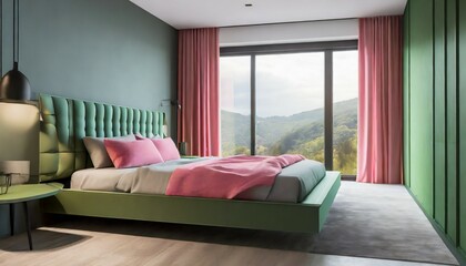 side view of green and pink bedroom gray bed