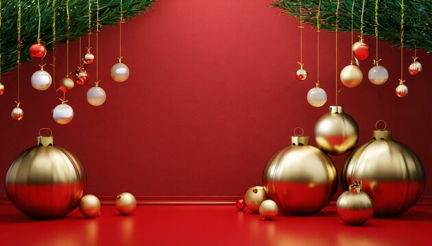minimal red background christmas with bauble ball christmas decoration room in the 3d for backdrop space for product and text 3d render