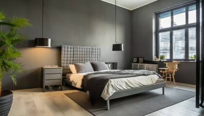 Naklejka na ściany i meble modern and gloomy bedroom ai generator