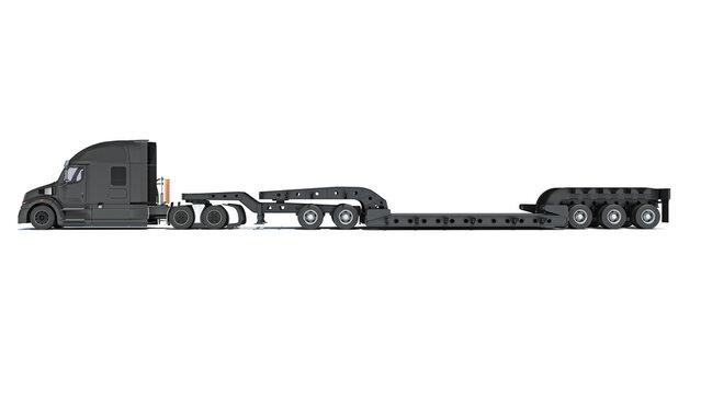 Semi Truck with Lowboy Platform Trailer 3D rendering on white background