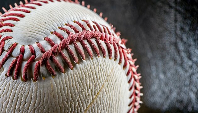 macro image of a baseball with the closeup on the stitches with copy space