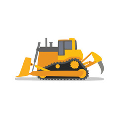 Bulldozer flat vector illustration isolated on white background. Construction equipment clip art in cartoon style. Kid drawing. Hand drawn.