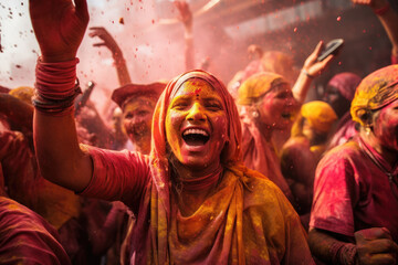 Obraz premium Traditional festival of colors, Holi in India. Happy Indian woman covered with colorful Holi powder joyfully celebrates the holiday among other people