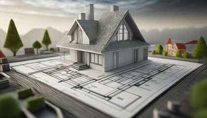 3d small house model on architecture floorplan created with generative ai - obrazy, fototapety, plakaty