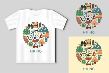 Flat icons in the shape of a circle the theme of hiking and outdoor recreation. Vector concept with t-shirt mockup