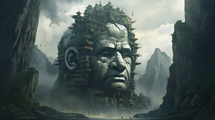 A fantasy settlement with a city carved into a stone mountain, showcasing a colossal giant head sculpted into the rocky surface - obrazy, fototapety, plakaty