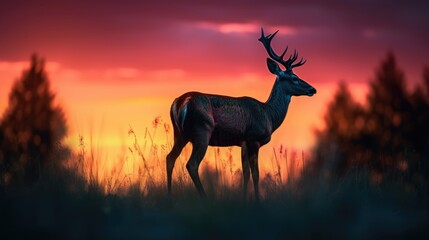 Silent Sentinels: Guardians of the Forest Stand Witness as a Majestic Deer Graces the Wilderness with its Presence