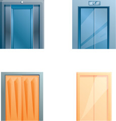 Elevator icons set cartoon vector. New modern steel elevator. Passenger lift inside building