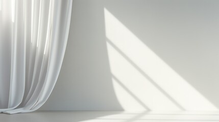 Sunlight creates geometric shadows near elegant white curtains.