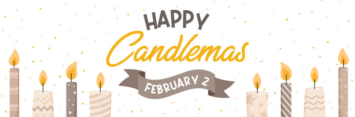 Banner - Happy Candlemas - February 2 - Text and vector illustrations to celebrate - Set of elegant and decorative candles - Soft light, festive elements - Culture, religion and prayer 