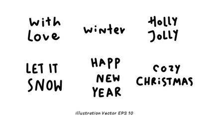 Hand drawn set of speech bubbles with handwritten short phrases on white background, Vector illustration EPS 10