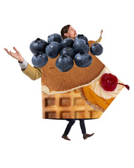Man covered with different food, berries, pancakes, waffles and cake over white background. Catering for events. Contemporary art collage. Concept of food, creativity, inspiration, surrealism