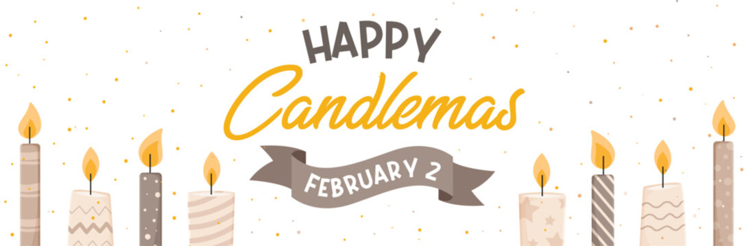 Banner - Happy Candlemas - February 2 - Text and vector illustrations to celebrate - Set of elegant and decorative candles - Soft light, festive elements - Culture, religion and prayer 