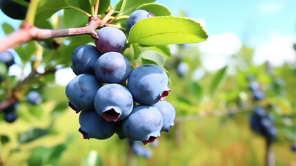 Ripe blueberries (bilberry) on a blueberry bush on a nature background. generative ai