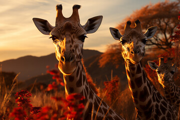 A family of giraffes grazing among the tall acacia trees.