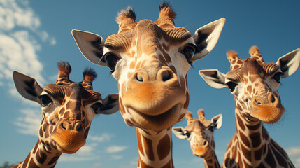 A group of giraffes in a gentle interaction, their long necks creating an elegant pattern against the sky.