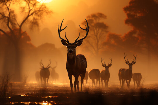 A serene image of a herd of impala grazing in the early morning mist.