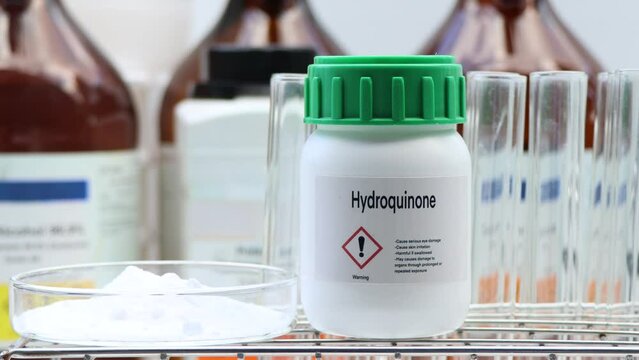 Hydroquinone in chemical container , chemical in the laboratory and industry, Raw materials used in production or analysis