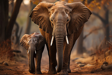 A peaceful scene of a mother elephant guiding her young calf.