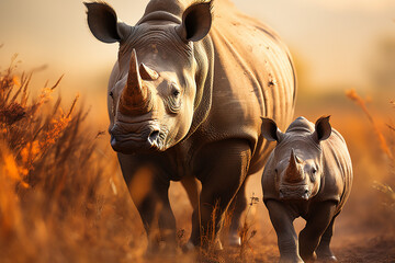 A powerful image of a rhino standing protectively with its young calf. - obrazy, fototapety, plakaty