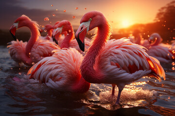 A striking image of a flock of flamingos taking flight from a savanna waterhole. - obrazy, fototapety, plakaty