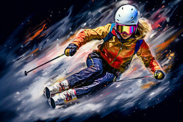 Fototapeta premium Energetic Super Artistic Winter Skiing Snowboarding Wallpaper Background Backdrop Cover Magazine Digital Art