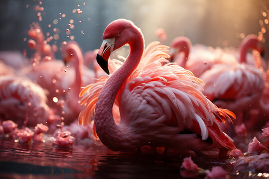 A striking image of a flock of flamingos taking flight from a savanna waterhole.