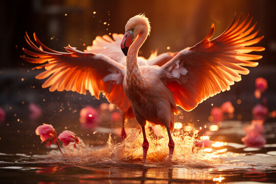 A striking image of a flock of flamingos taking flight from a savanna waterhole.