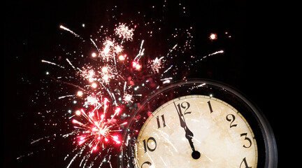Fototapeta na wymiar Zifferblatt einer Uhr um zwölf Uhr Mitternacht vor Feuerwerk an silvester
