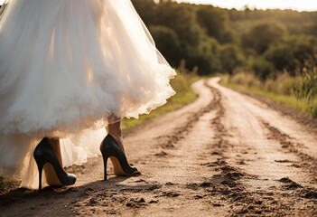 Futura novia con vestido blanco y zapatos negros de tacón parada en un camino de tierra. Mujer con stilettos negros y un vestido largo de encaje. Hecho con IA. - obrazy, fototapety, plakaty