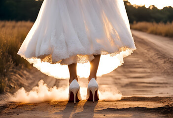 Novia antes de la boda en un camino de tierra. Mujer vestida de novia con tacones blancos parada en un camino. Atardecer que muestra un camino y una chica con un vestido blanco y tacones. Hecho con IA - obrazy, fototapety, plakaty