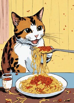 A cute white with brown spots cat eating messy spaghetti with tomato sauce, illustration by Hergé, stunning color scheme, masterpiece