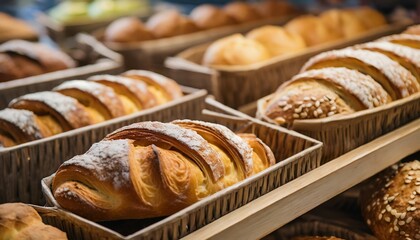 close up view of freshly baked bakery in hypermarket - obrazy, fototapety, plakaty