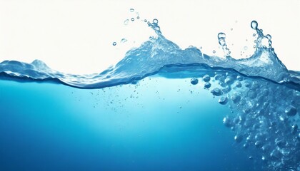 blue water surface with splash and air bubbles on white backgtround - obrazy, fototapety, plakaty