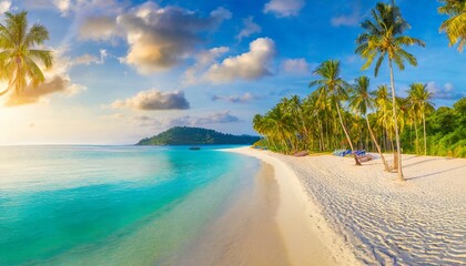 beautiful tropical beach banner white sand and coco palms travel tourism wide panorama background...
