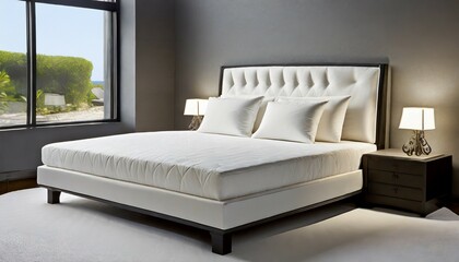 a white king size mattress with white pillows taken from a corner