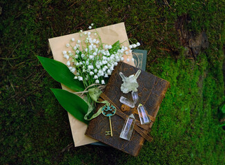 witch book, key, spring flowers and clear quartz minerals in forest. Gemstones for healing Magic...