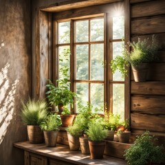 Green potted plant collection in a sunny farmhouse window
