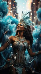 sexy dancing brazilian girl at carnival in Rio de Janeiro, poster, banner, vertical - obrazy, fototapety, plakaty