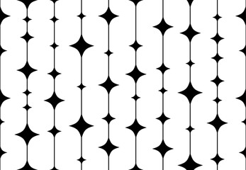 Seamless pattern of rhombus shaped black stars and lines. Monochrome repetitive lines. Abstract simple flat star background, textile swatch, decoration.