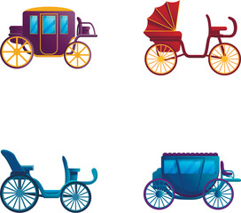 Retro carriage icons set cartoon vector. Vintage vehicle for passenger. Historical transport