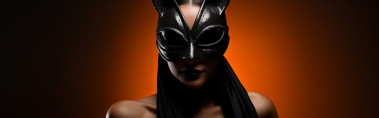 Woman or girl in a black rabbit mask made from leather rubber or latex. Erotic fetish scene, banner. Adult industry concept for website - obrazy, fototapety, plakaty