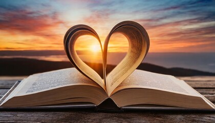 heart from a book page against a beautiful sunset