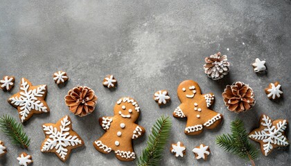 christmas background with gingerbread cookies christmas greeting card with gingerbread cookies over grey background top view flat lay with copy space for xmas greetings