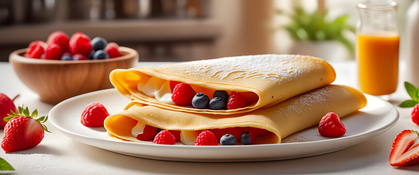Two crepes with fruit and whipped cream, close up, kitchen scene. Generative Ai - Powered by Adobe
